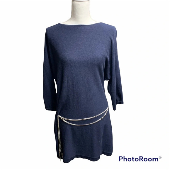 Chaps Dresses & Skirts - Chaps dark blue dress with silver chain belt sIze L Dolman sleeves